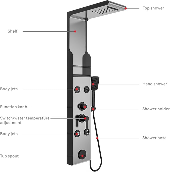 Stainless Steel Shower Panel Tower System with Rainfall Showerhead, Handheld Shower, Body Jets, Tub Spout, Multi-Function Shower System