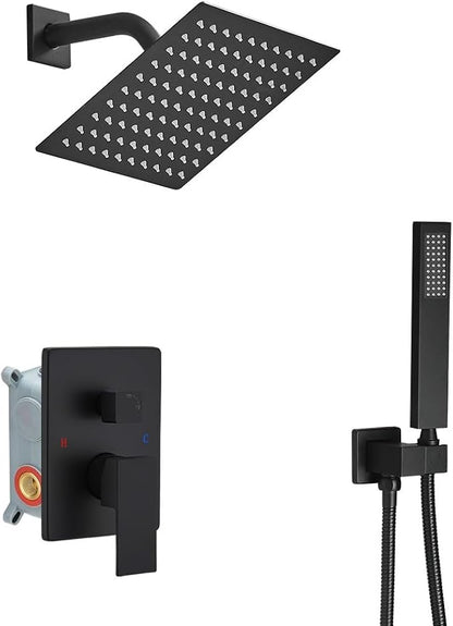 Matte Black Shower System with High Pressure 8'' Rainfall Shower Head, Handheld Shower head, Bathroom Luxury Rain Mixer Shower Combo Set Wall Mounted Shower Faucet Rough-in Valve and Trim Kit