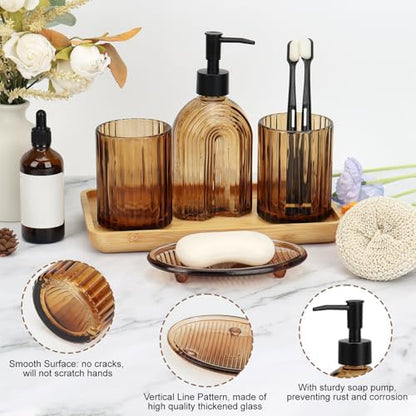 Bathroom Accessories Set, 4Pcs Glass Bathroom Accessories Set Complete, 11.6OZ Lotion Soap Dispenser, Toothbrush Holder, Mouthwash Cup, Soap Dish for Bathroom Decor, Countertop Organizer (Amber)