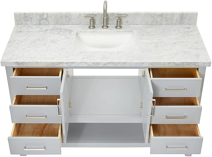 DKB Olivia 54" Grey Bathroom Vanity with Sink, 1.5" Edge Italian Carrara Marble Countertop, Rectangular Undermount Sink, 2 Soft Closing Doors, 6 Dovetail Drawers