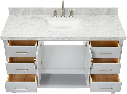 DKB Olivia 54" Grey Bathroom Vanity with Sink, 1.5" Edge Italian Carrara Marble Countertop, Rectangular Undermount Sink, 2 Soft Closing Doors, 6 Dovetail Drawers
