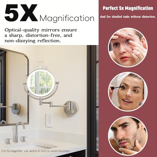 Wall Mounted Lighted Makeup Mirror, 1/5X Magnifying, Brass Brushed Nickel
