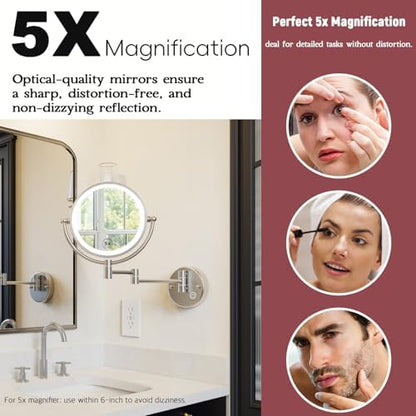 Wall Mounted Lighted Makeup Mirror, 1/5X Magnifying, Brass Brushed Nickel