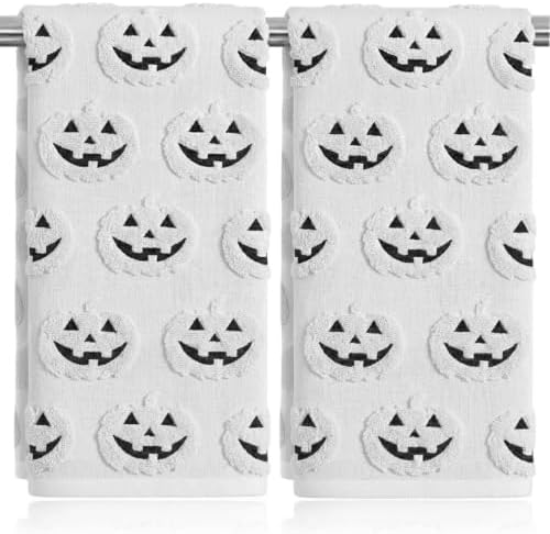 2 Pack Halloween Hand Towels 100% Cotton Jacquard ack-O'-Lantern Halloween Kitchen Towels White Bathroom Towels Set Seasonal Bathroom Decor (White ack-O'-Lantern, Halloween)