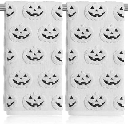 2 Pack Halloween Hand Towels 100% Cotton Jacquard ack-O'-Lantern Halloween Kitchen Towels White Bathroom Towels Set Seasonal Bathroom Decor (White ack-O'-Lantern, Halloween)