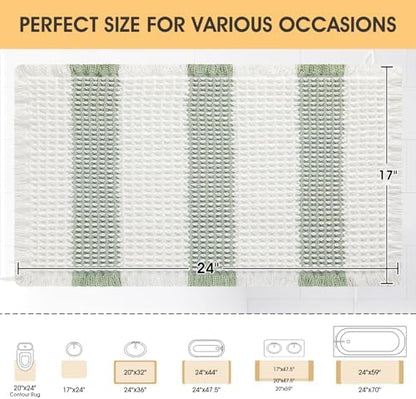 Upgrade Waffle Bath Mat, Boho Bathroom Rugs Absorbent Non Slip, Ultra Soft Bathroom Mat, Machine Washable Knit Bath Rugs with Stripe for Bathroom, Bedroom, Kitchen, Tub, 24"x17", Light Green & White