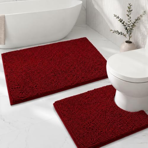 Bathroom Rugs Sets 2 Piece,Super Absorbent Soft,Thick,Machine Washable Chenille Bath Mat,Non Slip Toilet Floor Rug,Bath Mats for Bathroom,20x32 Plus 20x20 U Shape,Burgundy