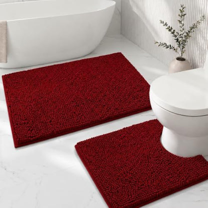 Bathroom Rugs Sets 2 Piece,Super Absorbent Soft,Thick,Machine Washable Chenille Bath Mat,Non Slip Toilet Floor Rug,Bath Mats for Bathroom,20x32 Plus 20x20 U Shape,Burgundy