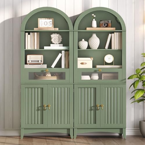 RALGEND 66" Tall Bathroom Cabinet Set of 2, Freestanding Cabinet with Doors & Shelves,Arched Cabinets for Bathroom, Living Room, Kitchen, Laundry, Green