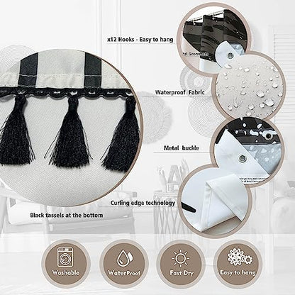 Boho Mid Century Leaf Shower Curtain Set,Arch Sun Design,Minimalistic Leaves Pattern,Waterproof and Luxurious Fabric-12 Hooks(Black and White-72" x 72")