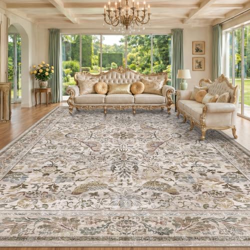 Washable Floral 10x12 Area Rug for Living Room - Floral & Bird Soft Rugs for Bedroom, Non Slip Washable Carpet for Dining Room Under Table, Vintage Moss Indoor Décor, Low Pile Stain Resistant