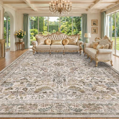 Washable Floral 10x12 Area Rug for Living Room - Floral & Bird Soft Rugs for Bedroom, Non Slip Washable Carpet for Dining Room Under Table, Vintage Moss Indoor Décor, Low Pile Stain Resistant