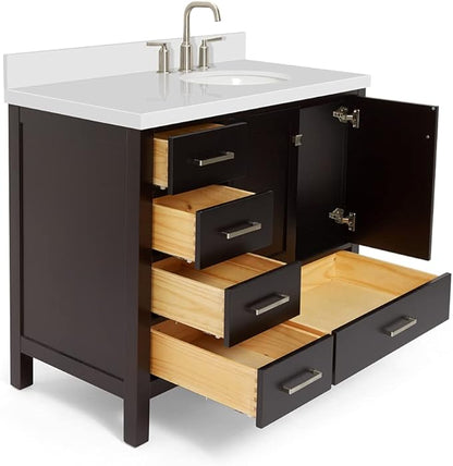 ARIEL Cambridge 42-inch Bathroom Vanity with Sink,Solid Wood, 1.5-inch Pure White Quartz Countertop & Backsplash, Single Oval Porcelain Sink, 2 Soft Closing Doors, 5 Dovetail Drawers, Espresso