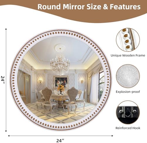 24 Inch Round Wall Mirror, Rustic Farmhouse Wooden Mirrors for Bathroom