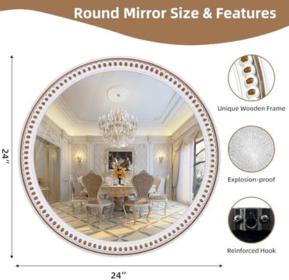 24 Inch Round Wall Mirror, Rustic Farmhouse Wooden Mirrors for Bathroom