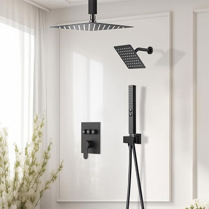 Shower Faucet Set, 12" Shower System with Rain Shower and Handheld, Ceiling Mount Dual Head Can Run All Together For Two People, 3 Way Shower Valve with 5 Diverter Complete, Matte Black