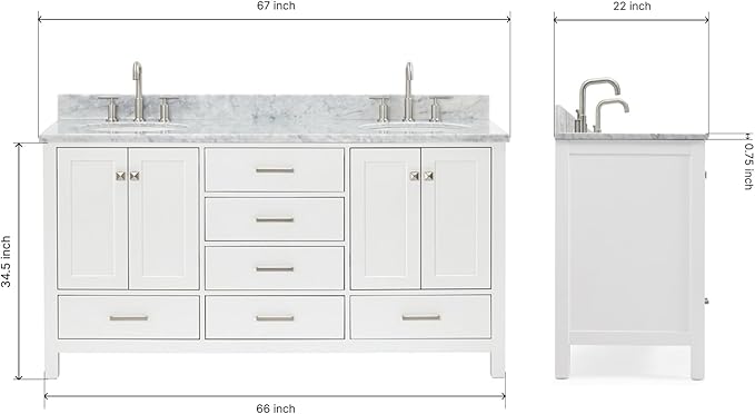 ARIEL Cambridge 66-inch Bathroom Vanity with Sink,Solid Wood, 0.75-inch Italian Carrara Marble Countertop & Backsplash, Double Oval Porcelain Sink, 4 Soft Closing Doors, 6 Dovetail Drawers, White