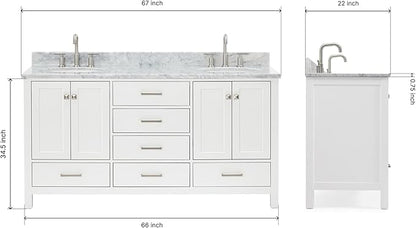 ARIEL Cambridge 66-inch Bathroom Vanity with Sink,Solid Wood, 0.75-inch Italian Carrara Marble Countertop & Backsplash, Double Oval Porcelain Sink, 4 Soft Closing Doors, 6 Dovetail Drawers, White