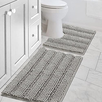 H.VERSAILTEX Bathroom Rugs Bath Rug Set 2 Piece Bathroom Contour Rug Toilet Mat Sets Non Slip Contour Bath Rug Ultra Thick Water Absorbent Striped Bath Mats Washable(20" x 32" Plus 20" x 20" U, Dove)