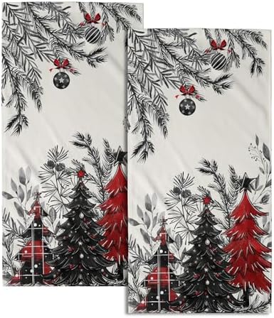 Christmas Tree Hand Towels Set of 2, 28x14 Inch Rustic Red Black Plaid Xmas Pine Forest Bells Absorbent Quick Drying Washcloths Tea Towel for Kitchen Bathroom Household Supplies