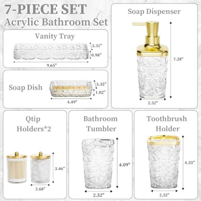 Bathroom Accessory Set, 7 Pcs White Bathroom Accessories Set, Acrylic Soap Dispenser and Toothbrush Holder Set, Qtip Holder Set, Bathroom Sink Set, Gift for Home Apartment