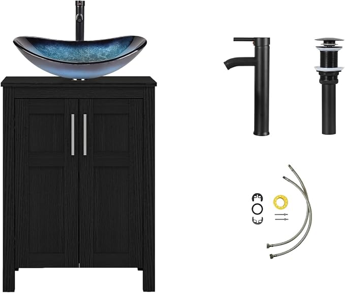 YOURLITE 24" Bathroom Vanity with Sink, Black Bathroom Vanity and Sink Combo with Faucet & Pop Up Drain Set,Traditional Vanity with Blue Glass Bowl Bathroom Sink