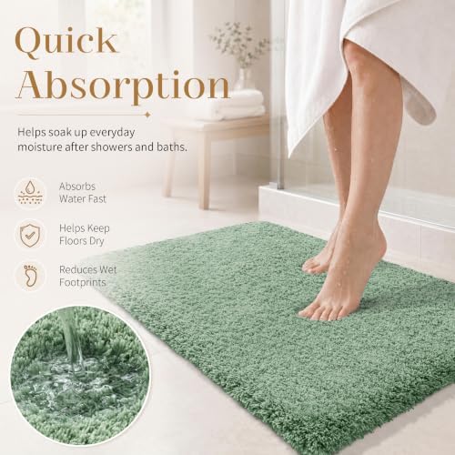 Yimobra Luxury Fluffy Bathroom Rugs, Super Elastic Soft Thick Plush Bath Mat, Non-Slip Water Absorbent, Easier to Dry, Sturdy Shaggy Microfiber Floor Carpet for Bathtub, 36"x 24", Pure Light Green