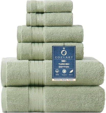 COZYART Luxury Bath Towel Set 6 Pcs, Sage Green 100% Turkish Cotton 650 GSM