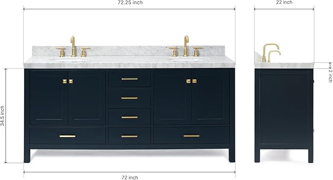 ARIEL Cambridge 72-inch Bathroom Vanity with Sink,Solid Wood, 2-inch Italian Carrara Marble Countertop, Double Oval Porcelain Sink, 4 Soft Closing Doors, 6 Dovetail Drawers, Midnight Blue