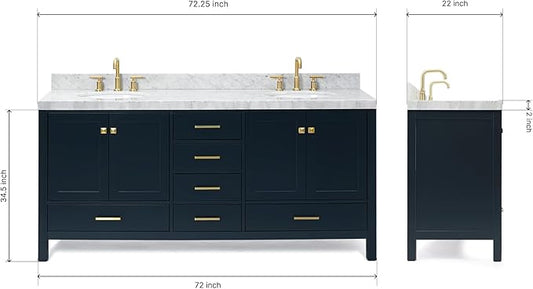 ARIEL Cambridge 72-inch Bathroom Vanity with Sink,Solid Wood, 2-inch Italian Carrara Marble Countertop, Double Oval Porcelain Sink, 4 Soft Closing Doors, 6 Dovetail Drawers, Midnight Blue
