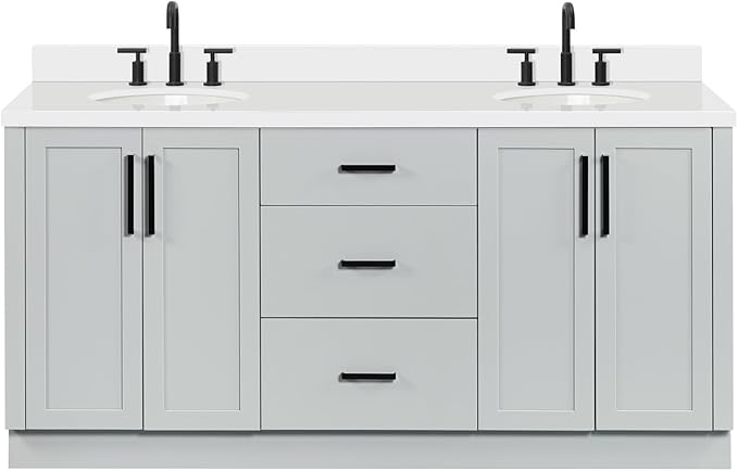 ARIEL Loren 72-inch Bathroom Vanity with Sink,Solid Wood, 1.5-inch Pure White Quartz Countertop, Double Oval Porcelain Sink, 4 Soft Closing Doors, 3 Dovetail Drawers, Grey