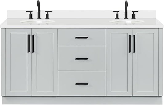 ARIEL Loren 72-inch Bathroom Vanity with Sink,Solid Wood, 1.5-inch Pure White Quartz Countertop, Double Oval Porcelain Sink, 4 Soft Closing Doors, 3 Dovetail Drawers, Grey