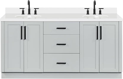 ARIEL Loren 72-inch Bathroom Vanity with Sink,Solid Wood, 1.5-inch Pure White Quartz Countertop, Double Oval Porcelain Sink, 4 Soft Closing Doors, 3 Dovetail Drawers, Grey