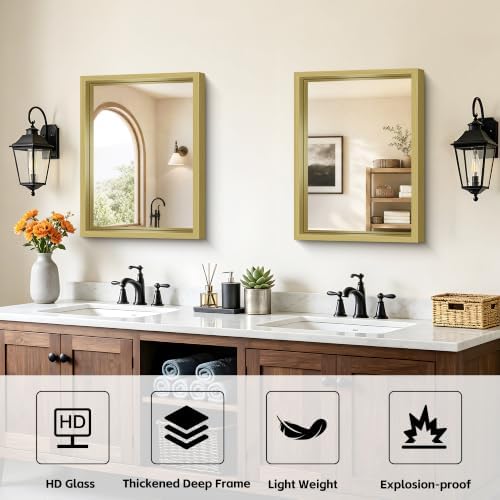 Bathroom Mirror, 18 x 24 inch Natural Wood Grain Colored Aluminum Metal Frame Bathroom Vanity Mirror, Rectangle Wall Mirror for Bedroom Living Room, Tempered Glass, Horizontal or Vertical