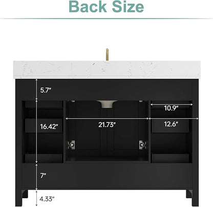 48 Inch Black Bathroom Vanity with Sink, Fully Assembled Bathroom Vanities Storage Cabinet with 2 Soft Close Doors & 7 Fully Extendable Drawers, Carrara Engineered Stone Top, Backsplash