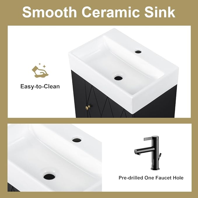 20" Floating Small Bathroom Vanity with Sink, Wall Mounted Vanity for Compact Bathrooms, Space-Saving Narrow Bathroom Vanities with Soft-Close Door Open Shelf Towel Bar (Black,20" Floating Door)
