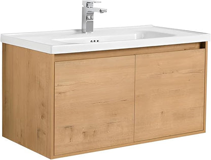 Blossom 36 Inch Wall Mounted Bathroom Vanity with Sink | Floating Wood Vanity Cabinet | Modern Soft-Close Doors & Storage | Ceramic Basin | Space-Saving Design (Classic Oak, 36'' Ceramic Sink)