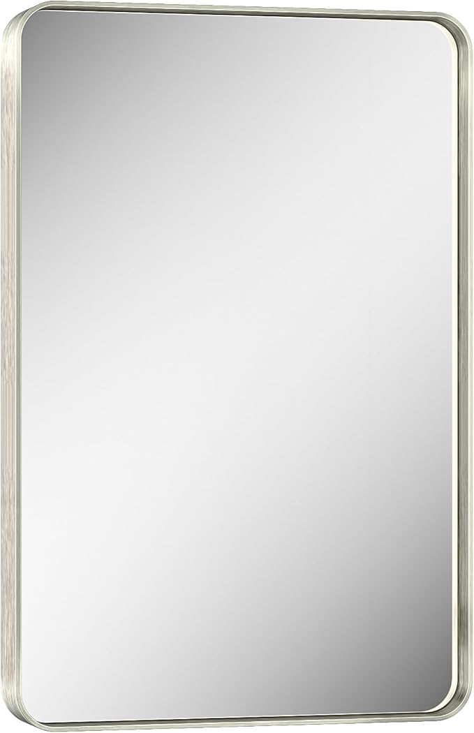 Keonjinn 20 x 30 Inch Brushed Nickel Bathroom Mirrors for Over Sink, Rounded Rectangle Silver Bathroom Vanity Mirror, Farmhouse Mirror for Wall, HD Tempered Glass, Anti-Rust Aluminum Alloy Mirror