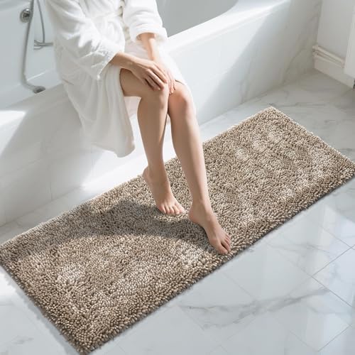 Yimobra Long Bathroom Rugs Runner 60x24 Inch, Extra Thick Soft Absorbent Chenille Bath Mat, Non Slip Machine Washable, Quick Dry Bath Rugs for Bathroom Floor, Tub and Shower, Camel