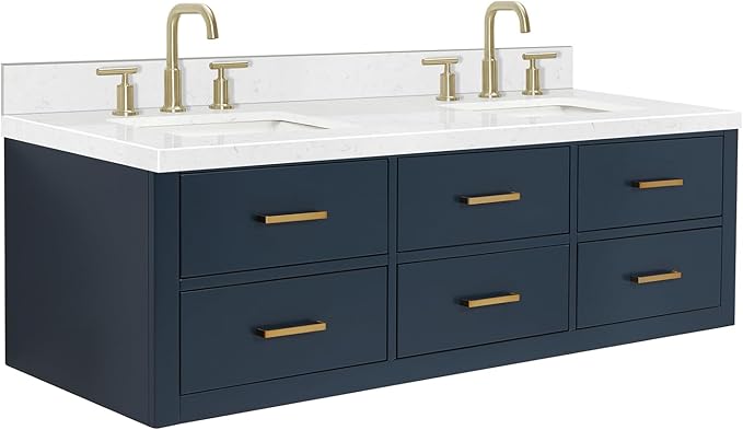 ARIEL Hutton 60-inch Bathroom Vanity with Sink,Solid Wood, 1.5-inch Carrara White Quartz Countertop & Backsplash, Double Rectangular Porcelain Sink, 3 Dovetail Drawers, Midnight Blue