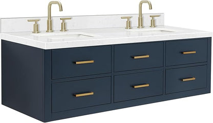 ARIEL Hutton 60-inch Bathroom Vanity with Sink,Solid Wood, 1.5-inch Carrara White Quartz Countertop & Backsplash, Double Rectangular Porcelain Sink, 3 Dovetail Drawers, Midnight Blue