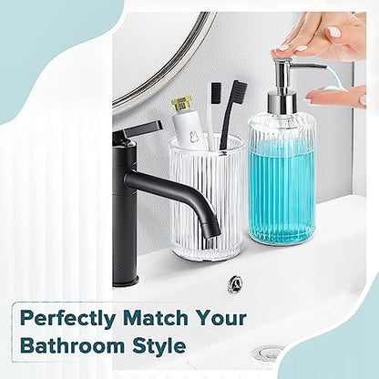 RYTOXILO Bathroom Accessories Set, 4 Pack Clear Glass Bath Accessory Sets Complete, Ribbed Soap Dispenser and Toothbrush Holder Set with 2 Qtip Holders, Modern Sliver Bathroom Counter Decor