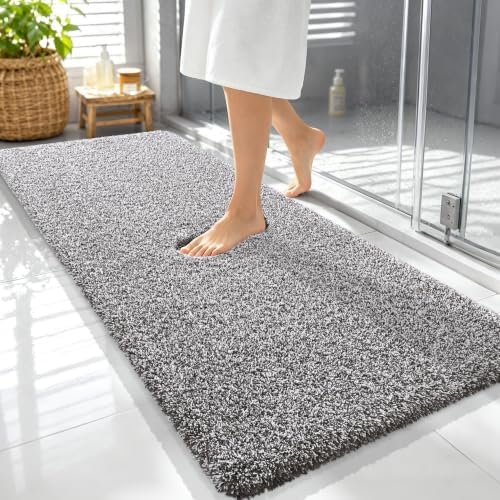 OLANLY Microfiber Bathroom Rugs 59x24, Quick Dry Mat, Dark Brown and White