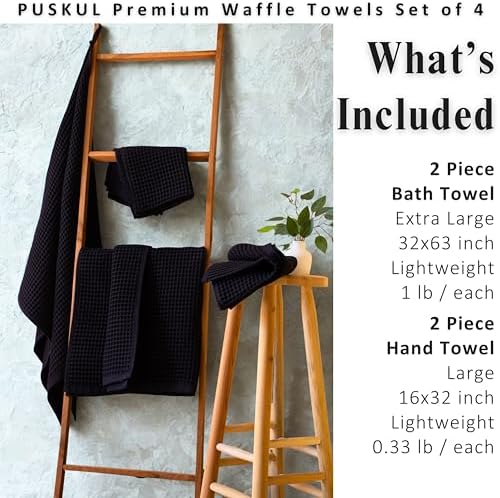 PÜSKÜL Natural 100% Turkish Cotton Waffle Towels Set of 4-Piece, Black
