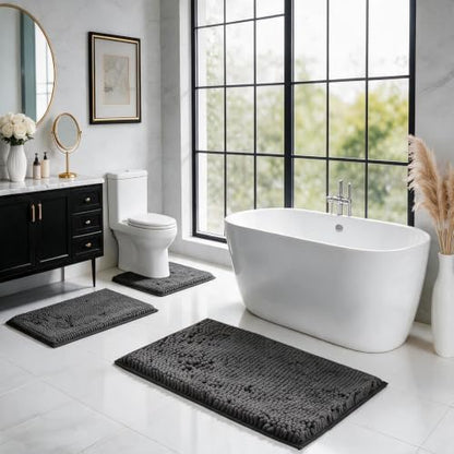 Bathroom Rugs Set Non Slip 3 Piece Bath Mat Washable Chenille Bath Rugs with PVC Backing Bath Carpet,Absorbent Bathroom Mats with Toilet Rug,Bath Mats for Bathroom,Bedroom, Kitchen,Tub,Home Decor