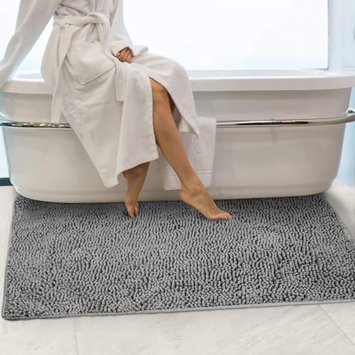 Secura Bathroom Rugs 47x28, Ultra Soft Chenille Bath Mat, Super Absorbent & Quick Dry Bathroom Mat, Non Slip Machine Washable Bath Rugs for Tub, Shower, Home Decor Accessories (Gray)
