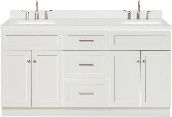 ARIEL Hamlet 66-inch Bathroom Vanity with Sink,Solid Wood, 1.5-inch Carrara White Quartz Countertop & Backsplash, Double Rectangular Porcelain Sink, 4 Soft Closing Doors, 3 Dovetail Drawers, White