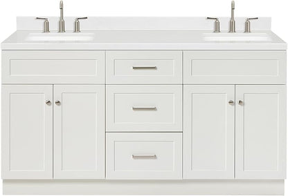 ARIEL Hamlet 66-inch Bathroom Vanity with Sink,Solid Wood, 1.5-inch Carrara White Quartz Countertop & Backsplash, Double Rectangular Porcelain Sink, 4 Soft Closing Doors, 3 Dovetail Drawers, White