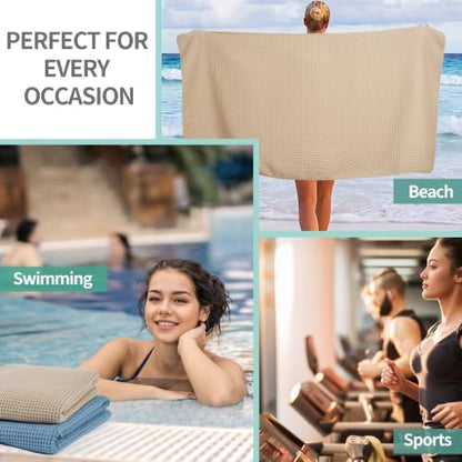 Microfiber Waffle Bath Towels, 4 Pieces, Soft, Absorbent, Fast Drying, Lint Free 430 GSM (27''x55''/68.58 cm x139.7 cm) (Beige+Blue)