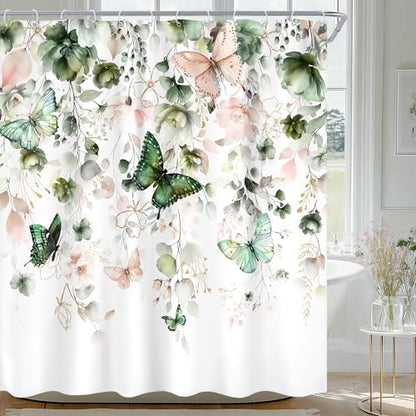 Green Pink Floral Butterfly Spring Summer Bathroom Shower Curtain Set